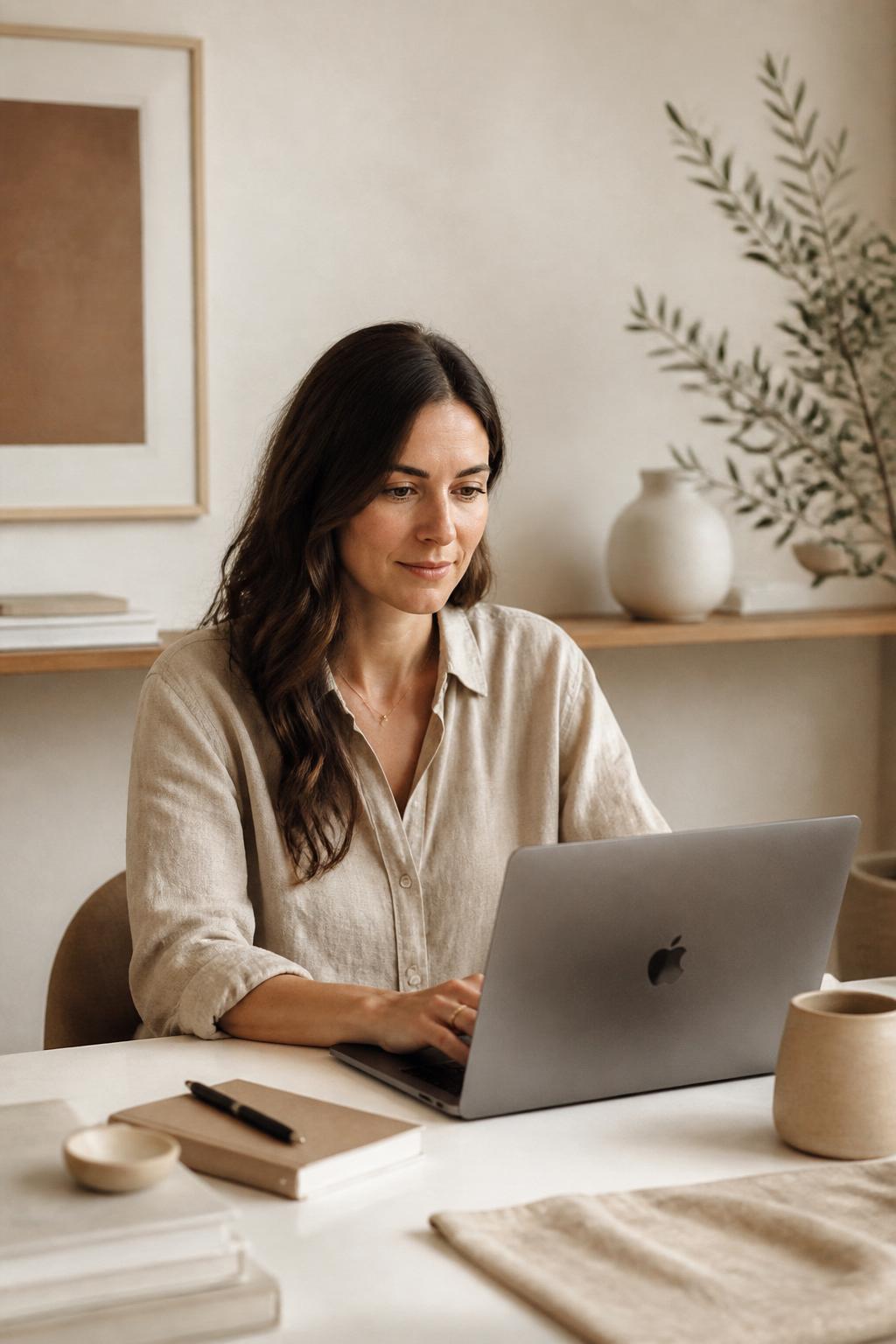 An Amaloris marketing consultant working at a sunlit desk in a calm UK studio